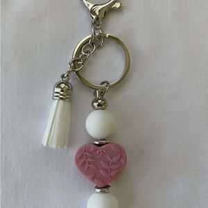 Handmade Pink and White Heart Keychain